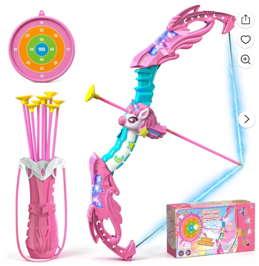 Unicorn Bow and Arrow Set for Girls, LED Light Up Archery Toy with 10 Suction Cup Arrows, Target & Quiver, Indoor Outdoor Toy for Kids 3-12