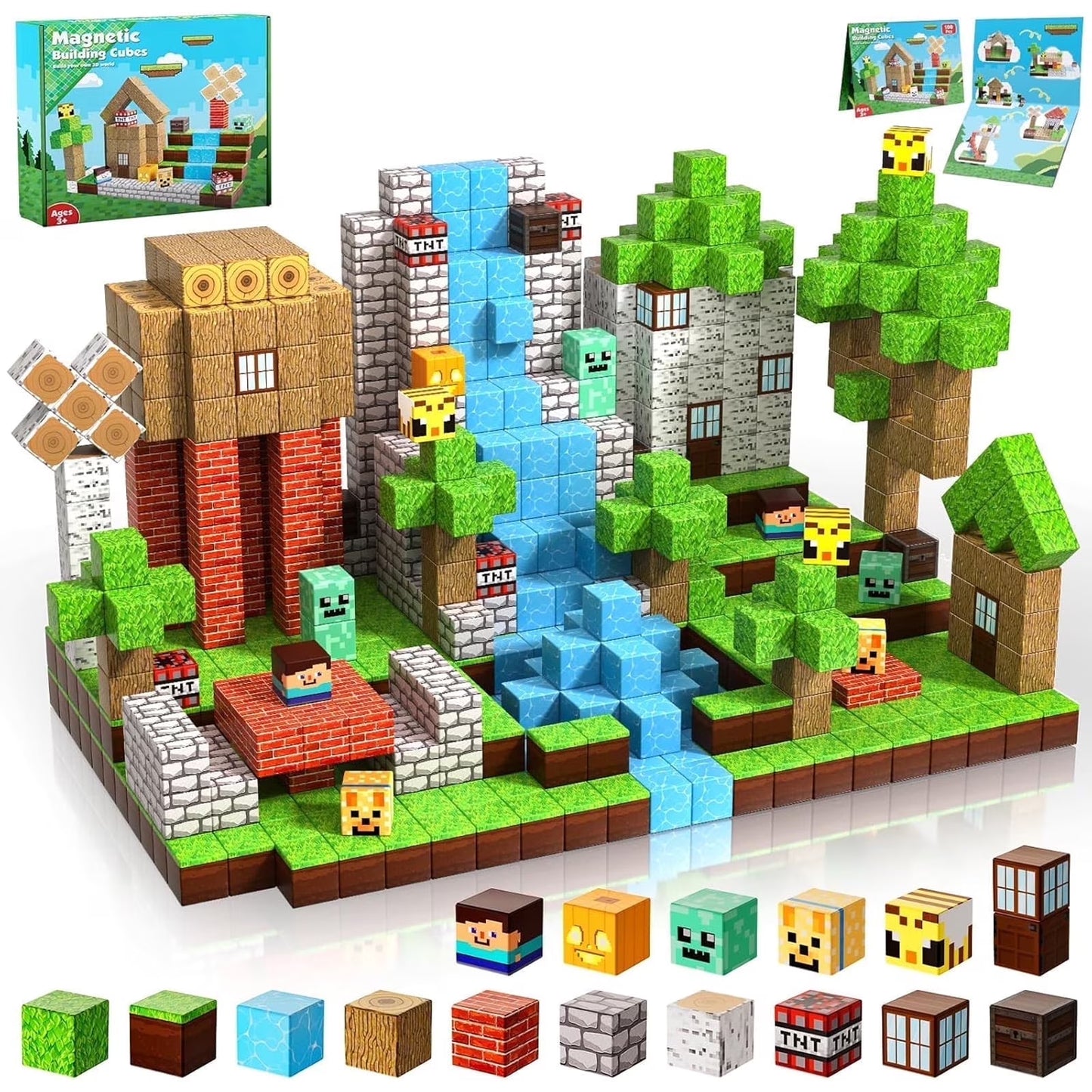 Annexfun Magnetic Blocks-100PCS Magnetic Building Blocks Magnet Cube Toys Stacking, Build Forest World Set, STEM Montessori Sensory Toys for Kids Boys Girls Age 3-4 5-10 Easter Birthday Gifts