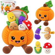 Glowbie Plush Pretend Play Food Set, Baby Pumpkin Musical Toy, Learning Toy with Crinkle, Rattle, Montessori Plush Sensory Toy for Toddlers 12 Months+