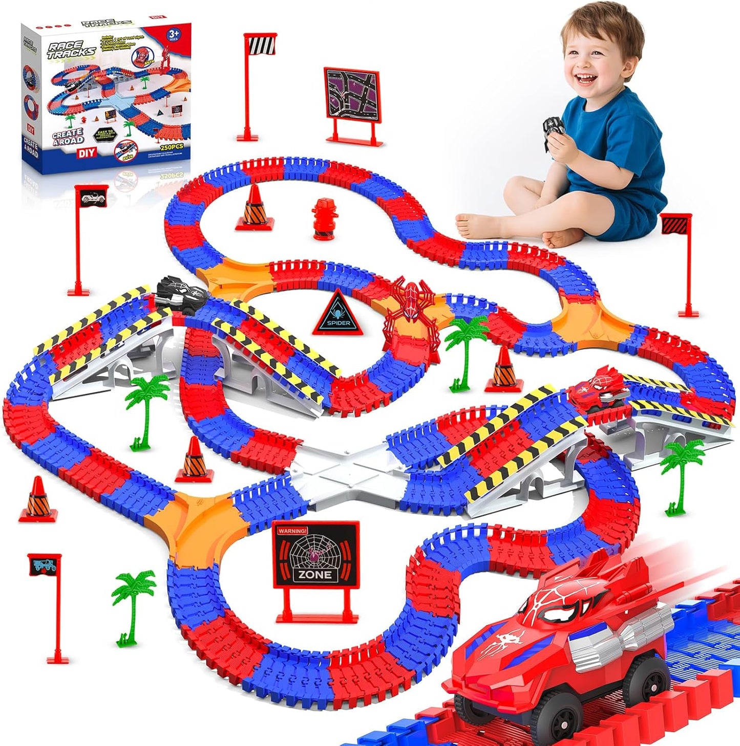 Spider Toys for Boys 3-4, 250 PCS Flexible Road Race Track Playset with 2 Monster Cars for 3 4 5 6 Year Old Flex Ready Ramp Playsets Car Truck for Kids Toddler Age 3-6 3-5 4-6 4-7 Birthday Gifts