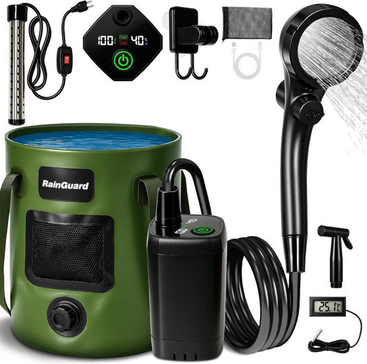 Portable Shower for Camping, 6000mAh Rechargeable Camp Shower Pump with Large Capacity Foldable Bucket, Filtered Shower Head, Outdoor Camp Shower Pump for Hiking, RV, Traveling, Car Washing, Pet Bath