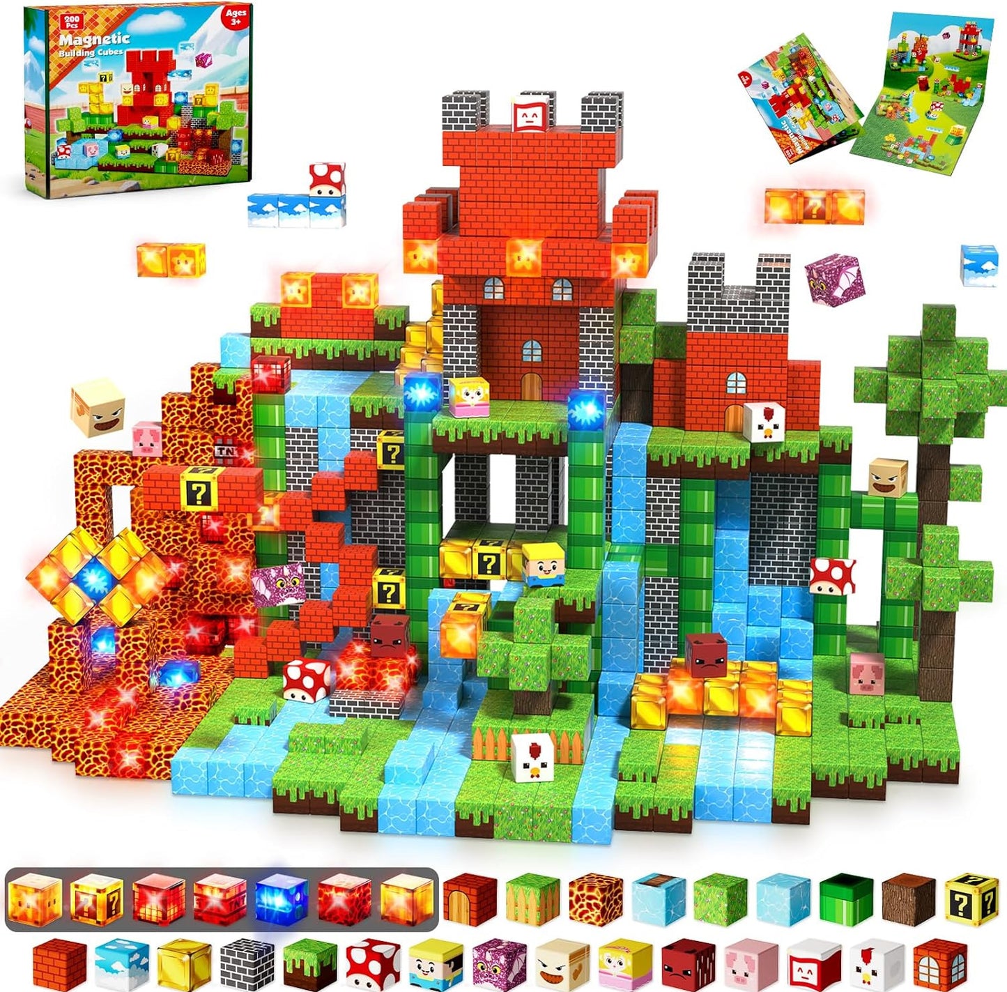 Annexfun 200PCS Magnetic Blocks with Light Blocks - Magnetic Blocks for Kids Ages 4 5 6 7 8, Magnetic Building Block, Christmas Birthday Gifts for 3-10 Years Old Boy Girls, STEM Toy
