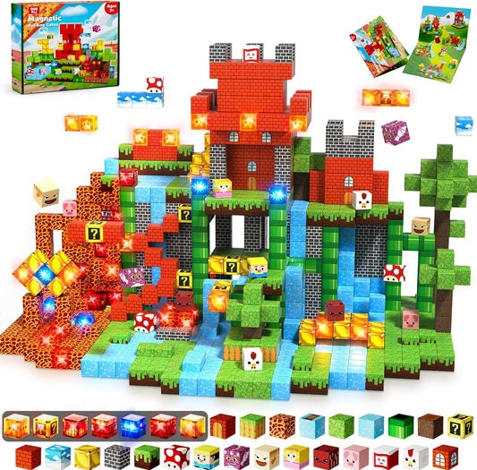 Annexfun 200PCS Magnetic Blocks with Light Blocks - Magnetic Blocks for Kids Ages 4 5 6 7 8, Magnetic Building Block, Christmas Birthday Gifts for 3-10 Years Old Boy Girls, STEM Toy