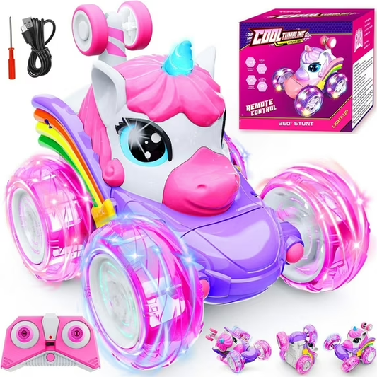 Annexfun Unicorn Toys, Remote Control Car for girls Age 3 4 5 6 - 360° Rotating Pink RC Stunt Cars for Kids, 2.4GHz Toy Car USB Direct Charging with LED Lights, Christmas Birthday Gift for Kids