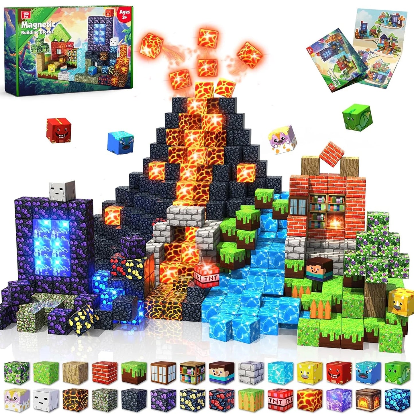 Annexfun 150 Pcs Magnetic Blocks with Light Blocks - Magnetic Building Blocks Cubes, Magnet Tiles Toys for Kids, Birthday Gifts for Boys and Girls Age 3+ Years Old