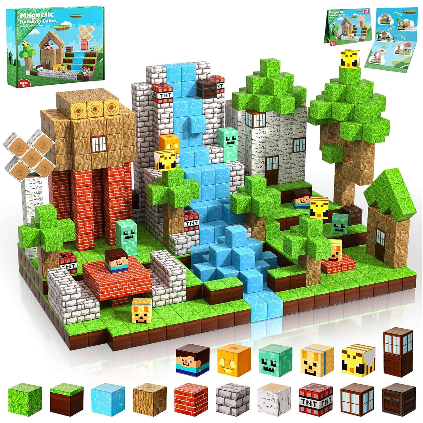 Annexfun Magnetic Blocks-100PCS Magnetic Building Blocks Magnet Cube Toys Stacking, Build Forest World Set, STEM Montessori Sensory Toys for Kids Boys Girls Age 3 4 5 6 7 8 9 10 Birthday Gifts